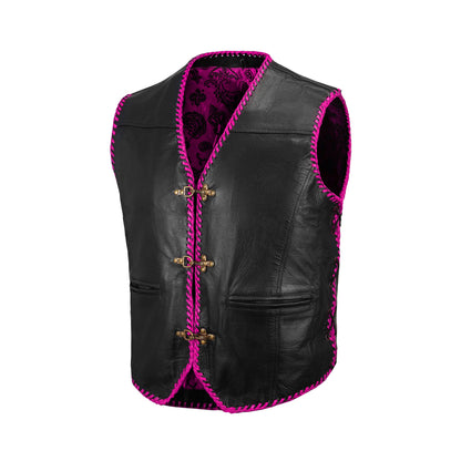 Pink buffalo leather ribbed MC club vest front view