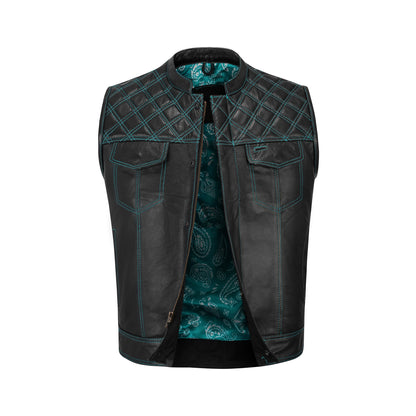 Turquoise diamond stitched cowhide MC vest full view