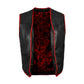 Interior view of buffalo leather red biker vest showing polyester lining, clean stitching, and reinforced construction. Designed for durability, comfort, and long-term wear, this lining close-up emphasizes handmade quality in custom motorcycle club gear.