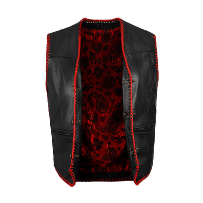 Ribbed panel detail on red leather biker vest