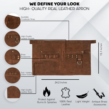 Verona leather waist apron with pockets dimensions infographic.