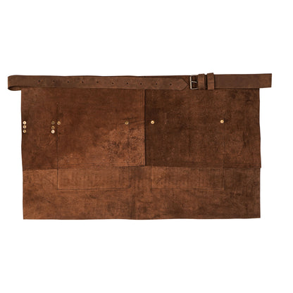 Back view of durable leather half waist apron.