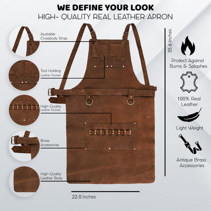 Grillforge leather apron features and dimensions infographic.
