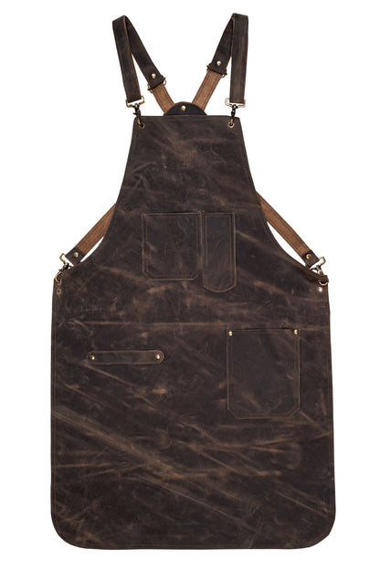 Ergonomic cross back strap design to prevent neck strain on leather cooking apron