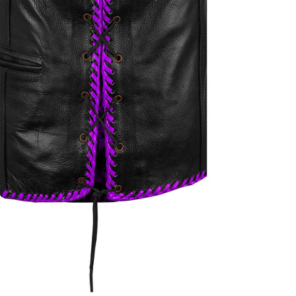 Purple diamond stitched MC biker vest made from premium cowhide leather