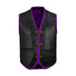 Purple leather motorcycle club vest made from genuine cowhide with stylish diamond stitching, offering both durability and standout biker fashion. Designed for long rides and lifestyle wear, this customizable vest reflects high-quality leatherwork. Essential gear for bikers, motorcycle enthusiasts, and club members seeking personalized motorcycle attire and distinctive riding apparel.