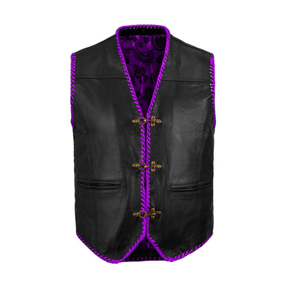 Side lace adjustment on purple buffalo leather vest