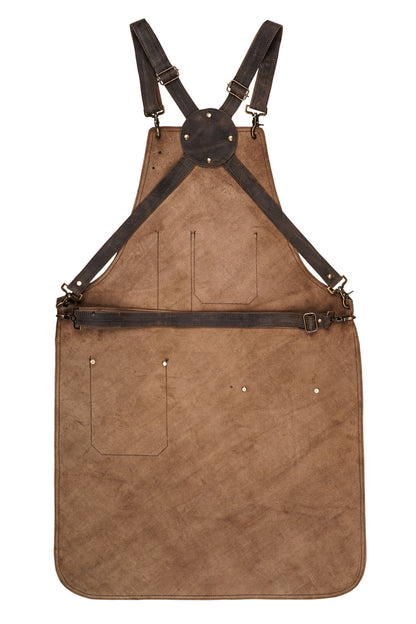 Reinforced utility pockets on premium leather chef apron for kitchen tools