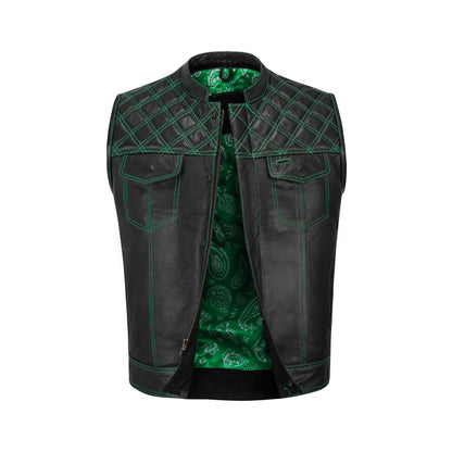 Green diamond stitched cowhide MC club vest front view
