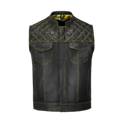 full front view of yellow diamond stitched cowhide leather motorcycle vest