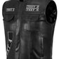 Side view of custom embroidered black cowhide leather biker vest, highlighting rugged stitching, adjustable fit, and personalized embroidered patches. Designed for motorcycle riders, MC club members, and hunting clubs, this handmade leather vest features durable closures, concealed carry option, and premium biker styling.