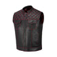 Side view of the Red Diamond Stitched MC Club Vest crafted from premium cowhide leather. This handmade biker vest highlights bold red diamond stitching, brass zipper closure, satin lining, and dual chest pockets. Designed for club members and motorcycle enthusiasts, the vest allows customization with patches, colors, and sizes, making it an essential gear piece for bikers who value craftsmanship.