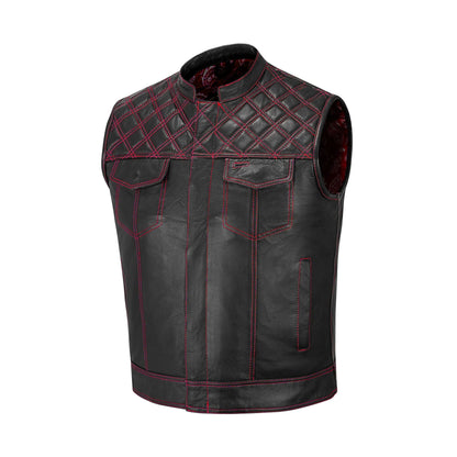 Red leather biker vest brass zipper detail