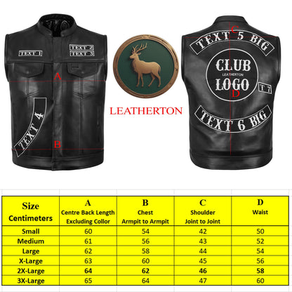 size chart and measurement guide for custom embroidered black leather MC vest