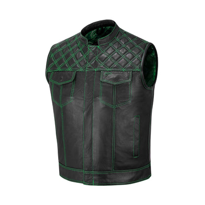 Reinforced stitching detail on green leather biker vest