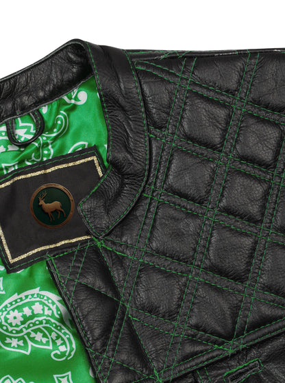 collar detail and inner green paisley satin lining of leather MC vest