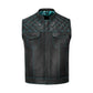 Turquoise Diamond Stitched MC Club Vest with chain-linked hanging display, highlighting its rugged biker construction. Crafted from A+ cowhide leather with turquoise diamond stitching, satin lining, and brass zipper closure. Fully customizable for motorcycle riders and rebels. Designed for motorcycle clubs and road warriors seeking bold turquoise leather biker style.