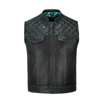 full front view of turquoise diamond stitched cowhide leather motorcycle vest