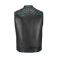Turquoise Diamond Stitched MC Club Vest with chain-linked hanging display, highlighting its rugged biker construction. Crafted from A+ cowhide leather with turquoise diamond stitching, satin lining, and brass zipper closure. Fully customizable for motorcycle riders and rebels. Designed for motorcycle clubs and road warriors seeking bold turquoise leather biker style.