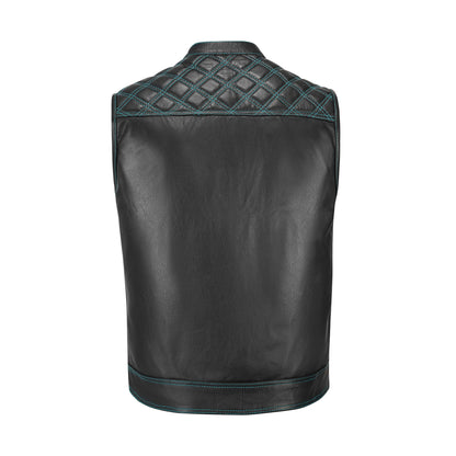 Brass zipper detail on turquoise cowhide vest