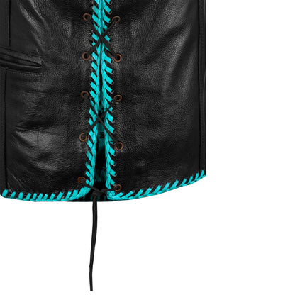 Turquoise cowhide biker vest built with authentic craftsmanship