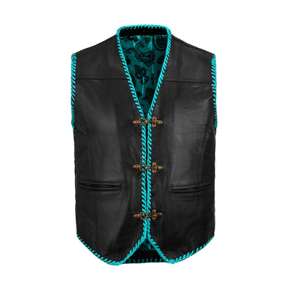 Ribbed panel detail on turquoise leather biker vest