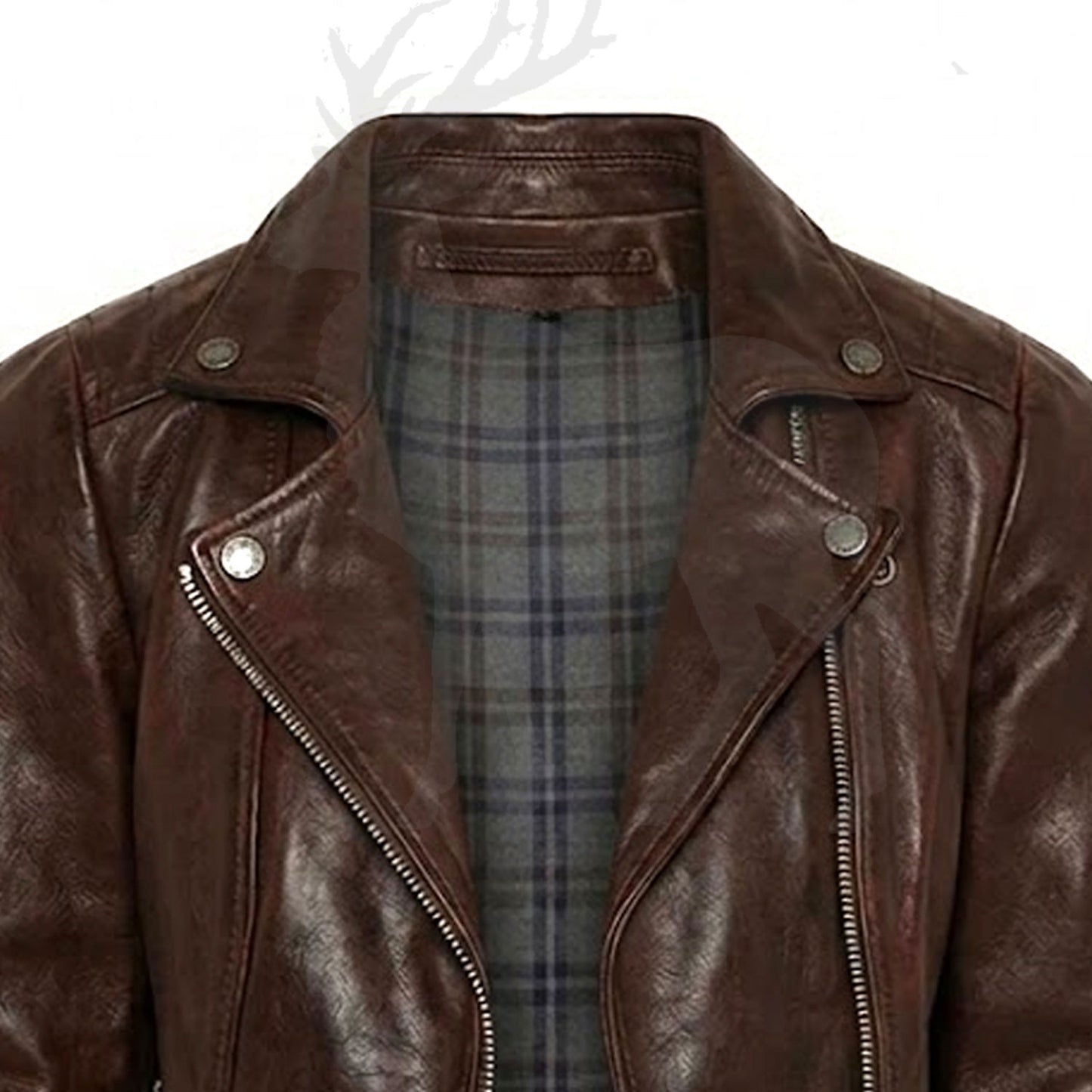 Close up biker collar of brown leather jacket with wide lapel design metal snap buttons and premium leather texture