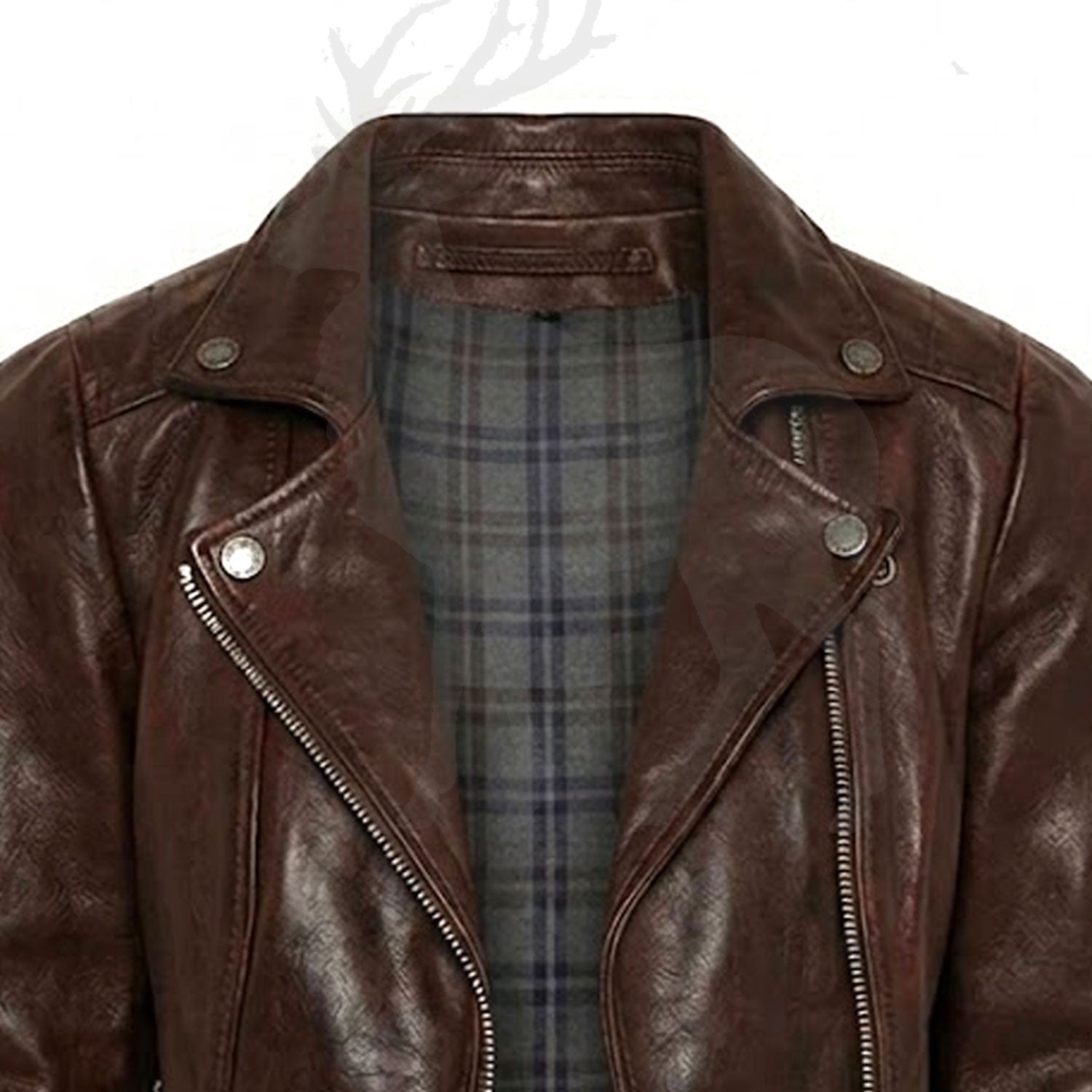 Close up biker collar of brown leather jacket with wide lapel design metal snap buttons and premium leather texture