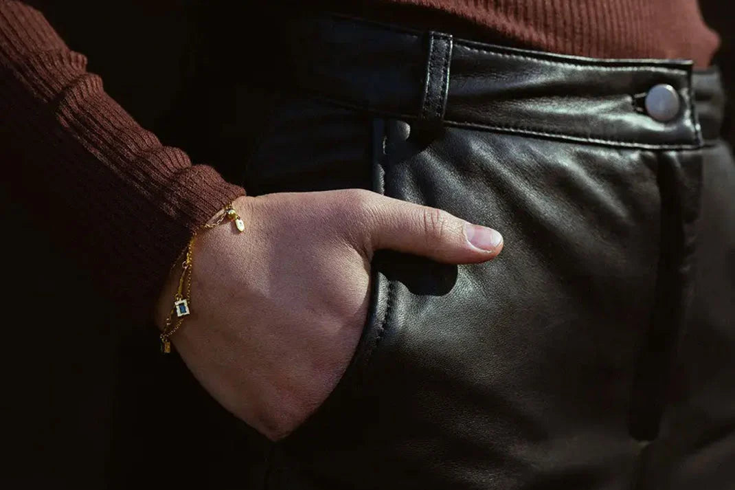 Genuine Black Leather Pants with Gold Bracelet  by Leatherton