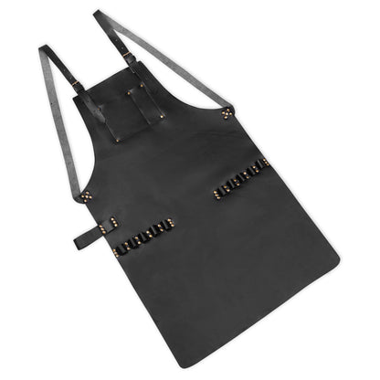 Side view of professional leather barista apron with tool loops