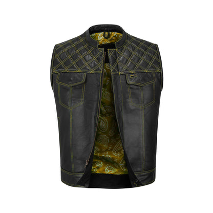 Yellow diamond stitched cowhide MC club vest front view
