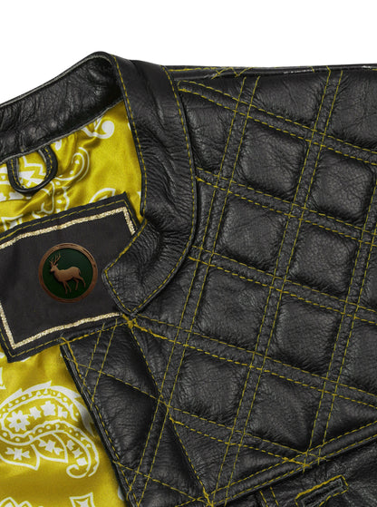 inner satin lining and collar detail of yellow diamond stitched leather vest