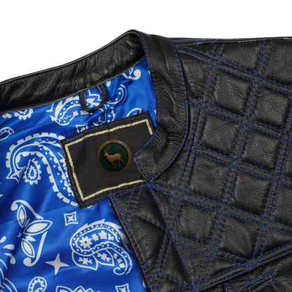 collar detail and inner blue paisley satin lining of leather MC vest