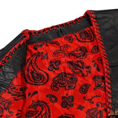 shoulder construction and red braided lacing detail on buffalo leather vest