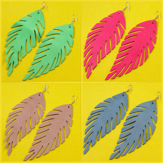 Cropped Leaf Leather Earrings - Nubuck Leather