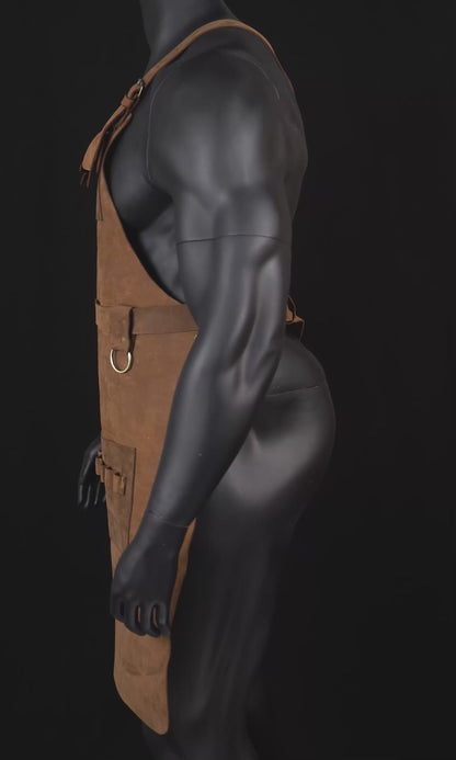 Video for the Side profile view of brown leather apron for men.
