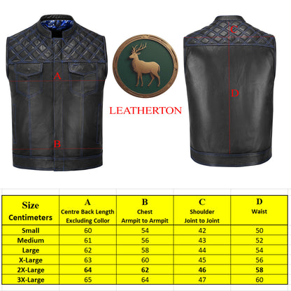 size chart and measurement guide for blue diamond stitched leather vest