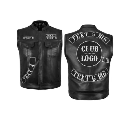 custom embroidered black leather MC club vest front and back layout view